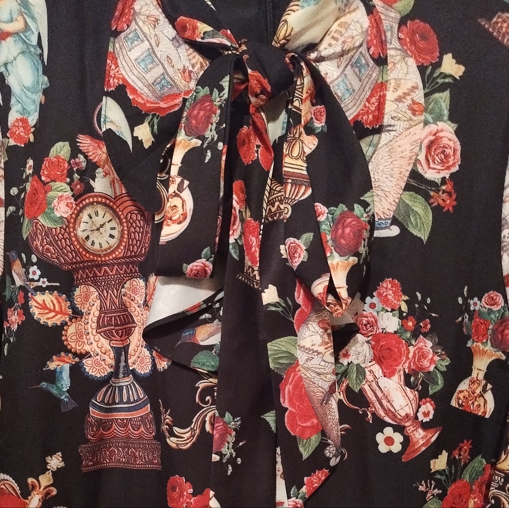 Roses Angels Clocks Crowns Patterned Black Dress Ruffles Bow Tie